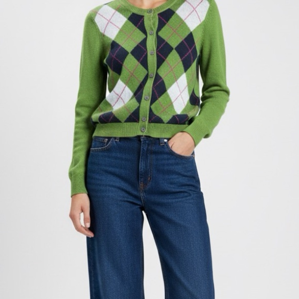 Tommy Hilfiger Green Argyle Cardigan Sweater Preppy Knit Button Front Sz S